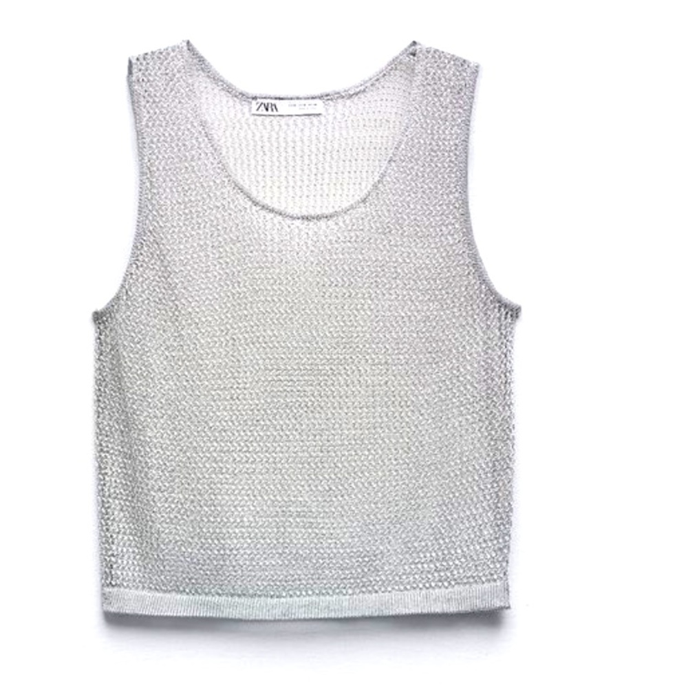 Zara Silver Metallic Mesh Knit Tank Top Size M